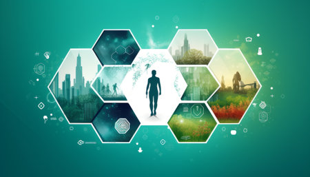 Conceptual image with hexagons and human silhouette against green backgroundの素材