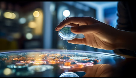 Close up of human hand holding glass globe on dark background. Mixed mediaの素材