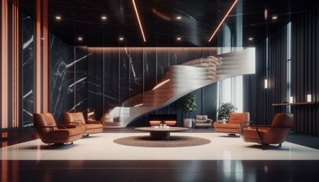 Interior of modern office waiting room with black and white walls, concrete floor, orange armchairs standing near round coffee table and carpet. 3d renderingの素材