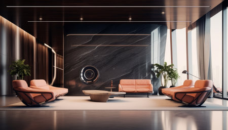 Interior of modern living room with black marble walls, concrete floor, comfortable orange sofa standing near round coffee table and TV. 3d renderingの素材