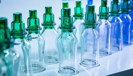Close up of a row of transparent medical ampoules in a laboratoryの素材
