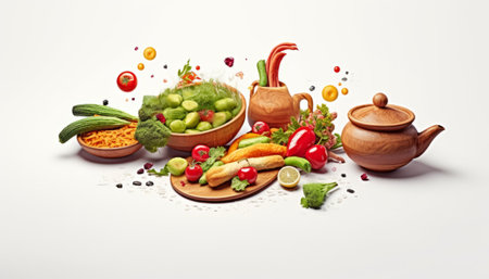 Healthy food concept. Vegetables, fruits and spices on white backgroundの素材