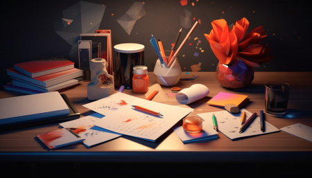 Back to school concept with books, pencils, paints and notebooksの素材