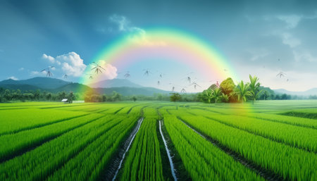 Rice field with rainbow and wind turbine in the background,3d renderの素材