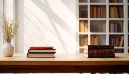 Stack of books on wooden table in library. Back to school conceptの素材