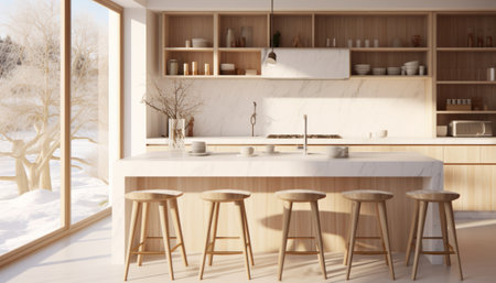 Interior of modern kitchen with white walls, wooden floor, white countertops and wooden cupboards. 3d renderingの素材