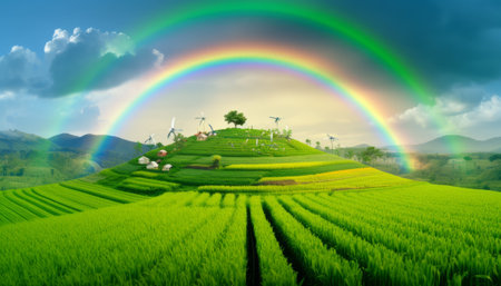 rainbow over rice field and wind turbine in the morning, Thailandの素材