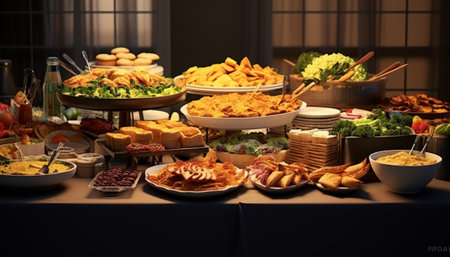 Buffet table with variety of snacks and appetizers, tonedの素材