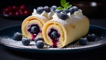 Sweet roll cake with blueberries and currants on a black backgroundの素材