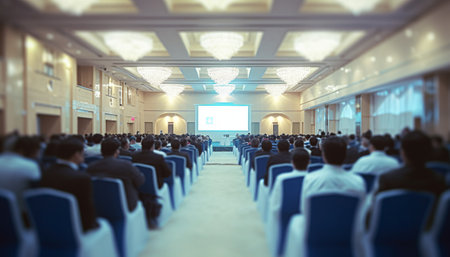 Conference hall or seminar room with business people and projector screen.の素材