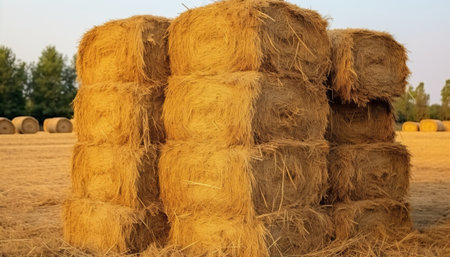 Hay bales stacked in a field after harvest. Agricultural landscape.の素材