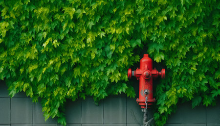 Red fire hydrant on the wall of a building covered with green leavesの素材