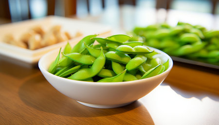 Fresh green soybeans in white bowl on wooden table, close upの素材