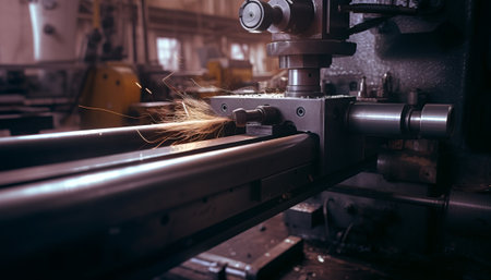 The CNC lathe machine cutting the steel sheet in the factory.の素材