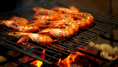 grilled shrimps on the grill with flames in the backgroundの素材