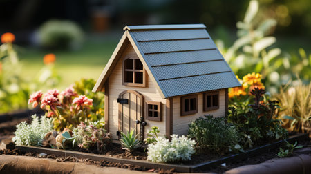 Miniature model of house with solar panels and flowers in the gardenの素材