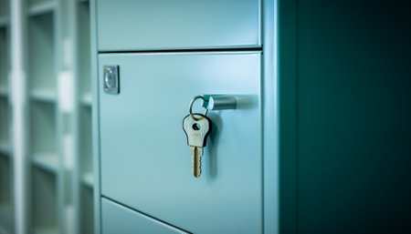 Lockers with keys in the lockers of a safe deposit roomの素材