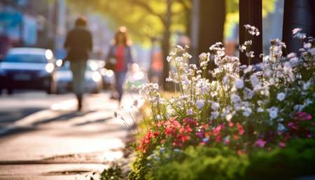 Flowers and people walking on the street in the evening light.の素材