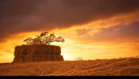 Silhouette of a tree on a haystack at sunset.の素材