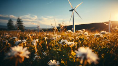 Wind turbines in a meadow at sunset. Alternative energy source.の素材