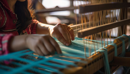 Close up of woman hands weaving silk thread on loom, Thailandの素材