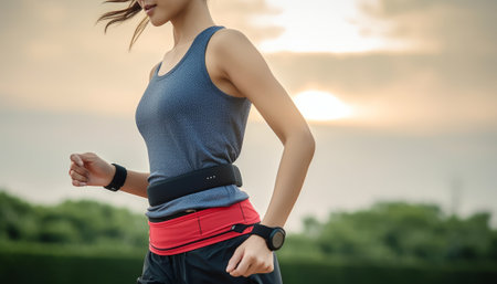 Runner athlete running on forest trail. woman fitness jogging workout wellness concept.の素材