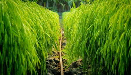 Rice seedlings in the field. Agricultural industry. Agricultural land.の素材