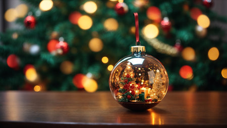 Christmas tree with glass ball on wooden table with blurred lights in backgroundの素材
