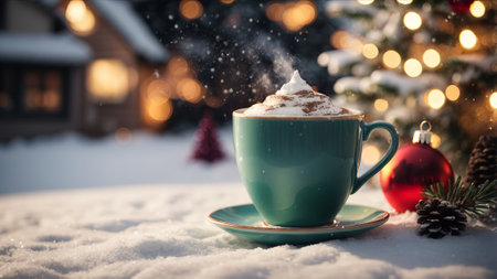 Cup of coffee with whipped cream and christmas tree on backgroundの素材
