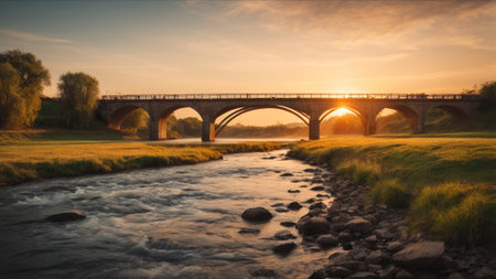 Sunset over the river and bridge. Beautiful landscape. Long exposure.の素材