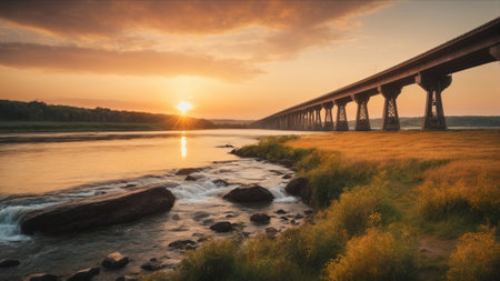 A long exposure of a bridge over the river with a beautiful sunset in the backgroundの素材