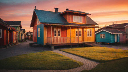 Colorful wooden houses in Reykjavik, Iceland at sunsetの素材
