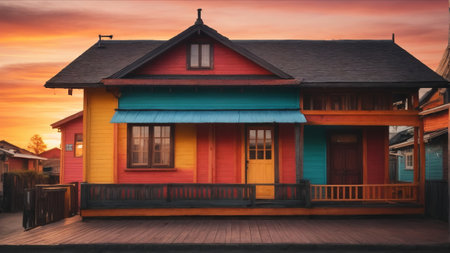 Colorful wooden house on the beach at sunset in Bali, Indonesiaの素材