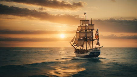 Vintage sailboat in the sea at sunset. 3d renderingの素材