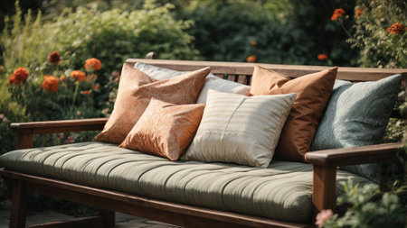 Outdoor patio with sofa and cushions in the garden, stock photoの素材