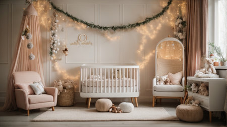 Cute baby room with crib, armchair and garland lightsの素材