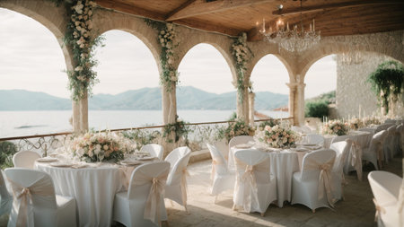 Wedding Ceremony on the beach in Montenegro. Wedding archway decorated with flowersの素材