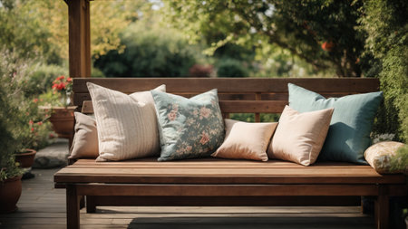 Wooden bench with colorful pillows in garden, closeup viewの素材