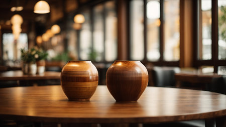 Wooden vases on the table in a cafe or restaurant.の素材