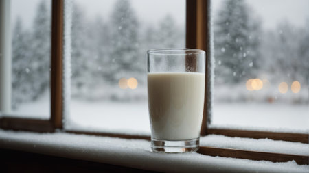 A glass of milk on the windowsill in the winter on a snowy dayの素材