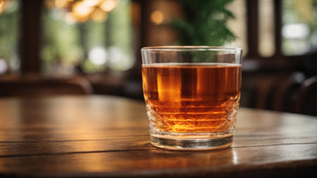 A glass of whiskey on a wooden table in a restaurant, close-upの素材