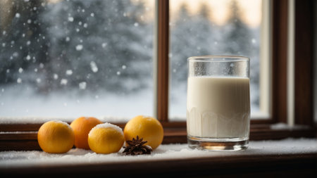 A glass of milk and tangerines on the windowsill in winterの素材