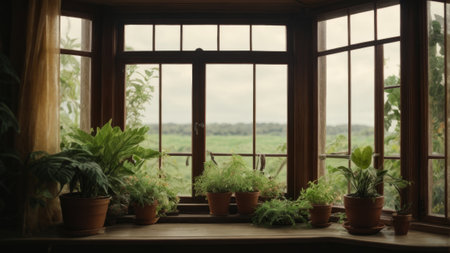 Flowers in pots in a cozy room with a large window.の素材