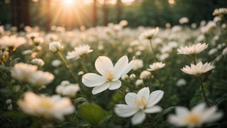 White anemone flowers in the garden with sunlight at sunset.の素材