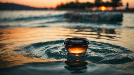 Close-up of a glass of water on the background of the sea and sunsetの素材