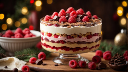 Christmas dessert tiramisu with raspberries and chocolate on wooden backgroundの素材