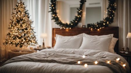 Christmas tree on the background of a bed with pillows and garlandsの素材