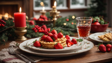 Traditional belgian waffles with fresh strawberries on christmas table.の素材