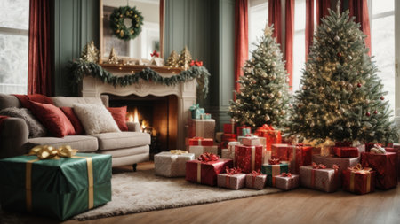 Living room with Christmas tree, fireplace and presents on the floor.の素材