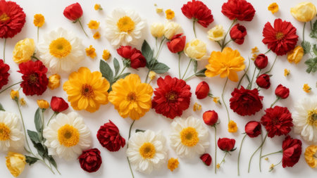 Flowers composition. Frame made of flowers on white background. Flat lay, top view, copy spaceの素材